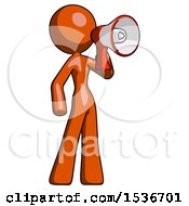 Orange Design Mascot Woman Shouting Into Megaphone Bullhorn Facing Right