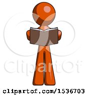 Orange Design Mascot Man Reading Book While Standing Up Facing Viewer