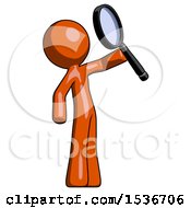 Poster, Art Print Of Orange Design Mascot Man Inspecting With Large Magnifying Glass Facing Up