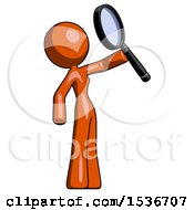 Poster, Art Print Of Orange Design Mascot Woman Inspecting With Large Magnifying Glass Facing Up