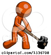 Orange Design Mascot Man Hitting With Sledgehammer Or Smashing Something At Angle