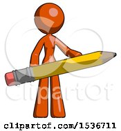 Poster, Art Print Of Orange Design Mascot Woman Office Worker Or Writer Holding A Giant Pencil