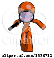 Poster, Art Print Of Orange Design Mascot Woman Looking Down Through Magnifying Glass