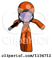 Orange Design Mascot Woman Looking Down Through Magnifying Glass