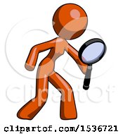 Poster, Art Print Of Orange Design Mascot Woman Inspecting With Large Magnifying Glass Right