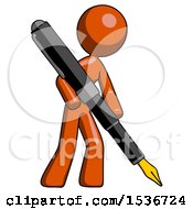 Orange Design Mascot Woman Drawing Or Writing With Large Calligraphy Pen