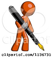 Orange Design Mascot Man Drawing Or Writing With Large Calligraphy Pen