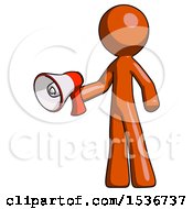 Poster, Art Print Of Orange Design Mascot Man Holding Megaphone Bullhorn Facing Right