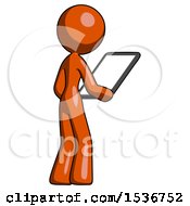 Poster, Art Print Of Orange Design Mascot Woman Looking At Tablet Device Computer Facing Away
