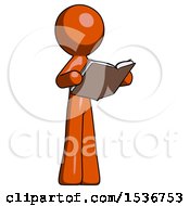Orange Design Mascot Man Reading Book While Standing Up Facing Away