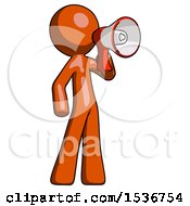 Poster, Art Print Of Orange Design Mascot Man Shouting Into Megaphone Bullhorn Facing Right
