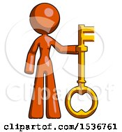 Orange Design Mascot Woman Holding Key Made Of Gold