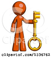 Orange Design Mascot Man Holding Key Made Of Gold