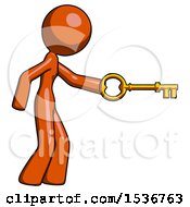 Orange Design Mascot Woman With Big Key Of Gold Opening Something