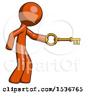 Orange Design Mascot Man With Big Key Of Gold Opening Something
