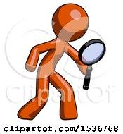 Poster, Art Print Of Orange Design Mascot Man Inspecting With Large Magnifying Glass Right