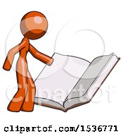 Orange Design Mascot Woman Reading Big Book While Standing Beside It