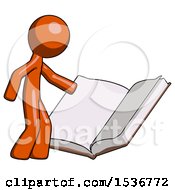 Orange Design Mascot Man Reading Big Book While Standing Beside It