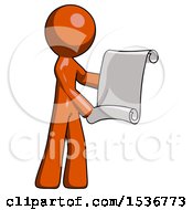 Poster, Art Print Of Orange Design Mascot Man Holding Blueprints Or Scroll
