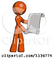 Poster, Art Print Of Orange Design Mascot Woman Holding Blueprints Or Scroll