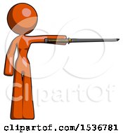 Poster, Art Print Of Orange Design Mascot Woman Standing With Ninja Sword Katana Pointing Right