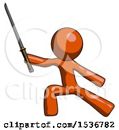 Poster, Art Print Of Orange Design Mascot Man With Ninja Sword Katana In Defense Pose