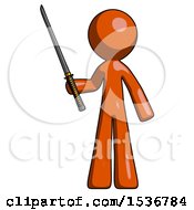 Poster, Art Print Of Orange Design Mascot Man Standing Up With Ninja Sword Katana