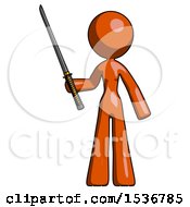 Poster, Art Print Of Orange Design Mascot Woman Standing Up With Ninja Sword Katana