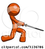 Poster, Art Print Of Orange Design Mascot Man With Ninja Sword Katana Slicing Or Striking Something