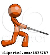 Poster, Art Print Of Orange Design Mascot Woman With Ninja Sword Katana Slicing Or Striking Something