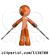 Poster, Art Print Of Orange Design Mascot Man Posing With Two Ninja Sword Katanas