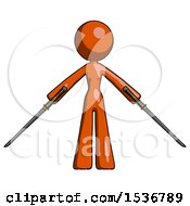 Orange Design Mascot Woman Posing With Two Ninja Sword Katanas