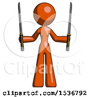 Poster, Art Print Of Orange Design Mascot Woman Posing With Two Ninja Sword Katanas Up