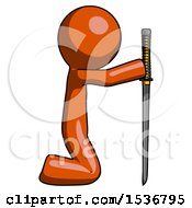 Poster, Art Print Of Orange Design Mascot Man Kneeling With Ninja Sword Katana Showing Respect