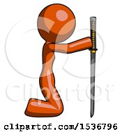 Poster, Art Print Of Orange Design Mascot Woman Kneeling With Ninja Sword Katana Showing Respect