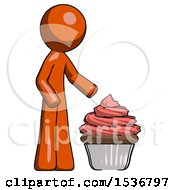 Orange Design Mascot Man With Giant Cupcake Dessert