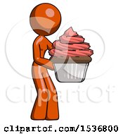 Poster, Art Print Of Orange Design Mascot Woman Holding Large Cupcake Ready To Eat Or Serve