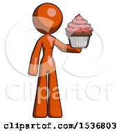Poster, Art Print Of Orange Design Mascot Woman Presenting Pink Cupcake To Viewer