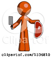 Poster, Art Print Of Orange Design Mascot Man Holding Large Steak With Butcher Knife