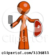 Orange Design Mascot Woman Holding Large Steak With Butcher Knife