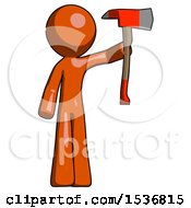 Poster, Art Print Of Orange Design Mascot Man Holding Up Red Firefighters Ax