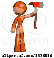 Poster, Art Print Of Orange Design Mascot Woman Holding Up Red Firefighters Ax