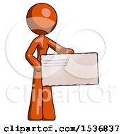 Poster, Art Print Of Orange Design Mascot Woman Presenting Large Envelope