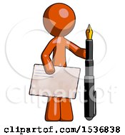 Poster, Art Print Of Orange Design Mascot Man Holding Large Envelope And Calligraphy Pen