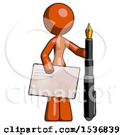Poster, Art Print Of Orange Design Mascot Woman Holding Large Envelope And Calligraphy Pen