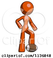Poster, Art Print Of Orange Design Mascot Woman Standing With Foot On Football