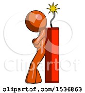Orange Design Mascot Man Leaning Against Dynimate Large Stick Ready To Blow