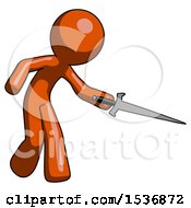 Poster, Art Print Of Orange Design Mascot Man Sword Pose Stabbing Or Jabbing