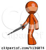 Poster, Art Print Of Orange Design Mascot Man With Sword Walking Confidently