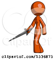 Poster, Art Print Of Orange Design Mascot Woman With Sword Walking Confidently